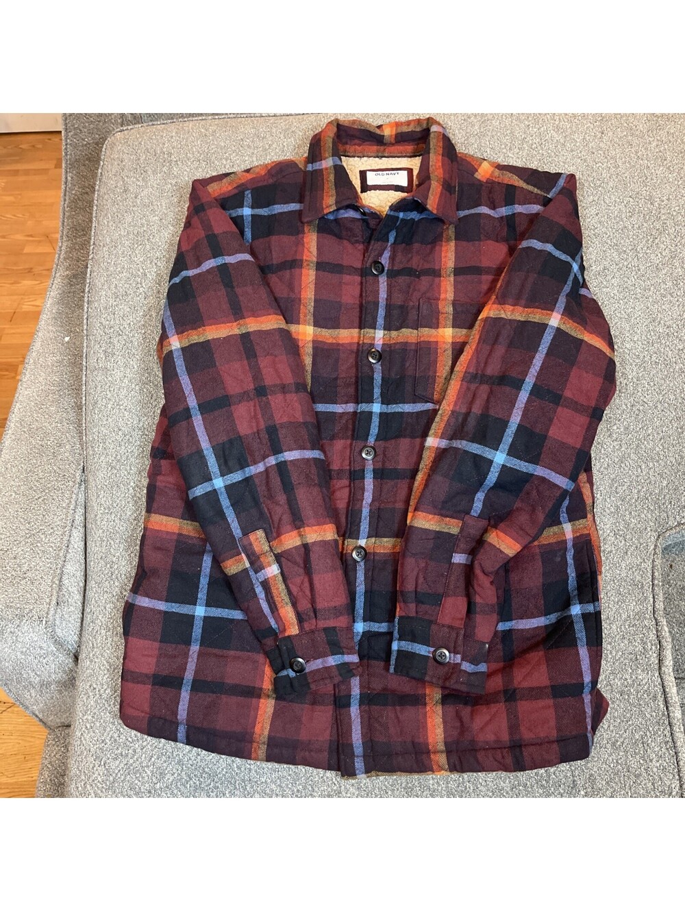 Old Navy Men's Plaid Sherpa Lined Flannel Shirt Jacket Medium Blue Red Black